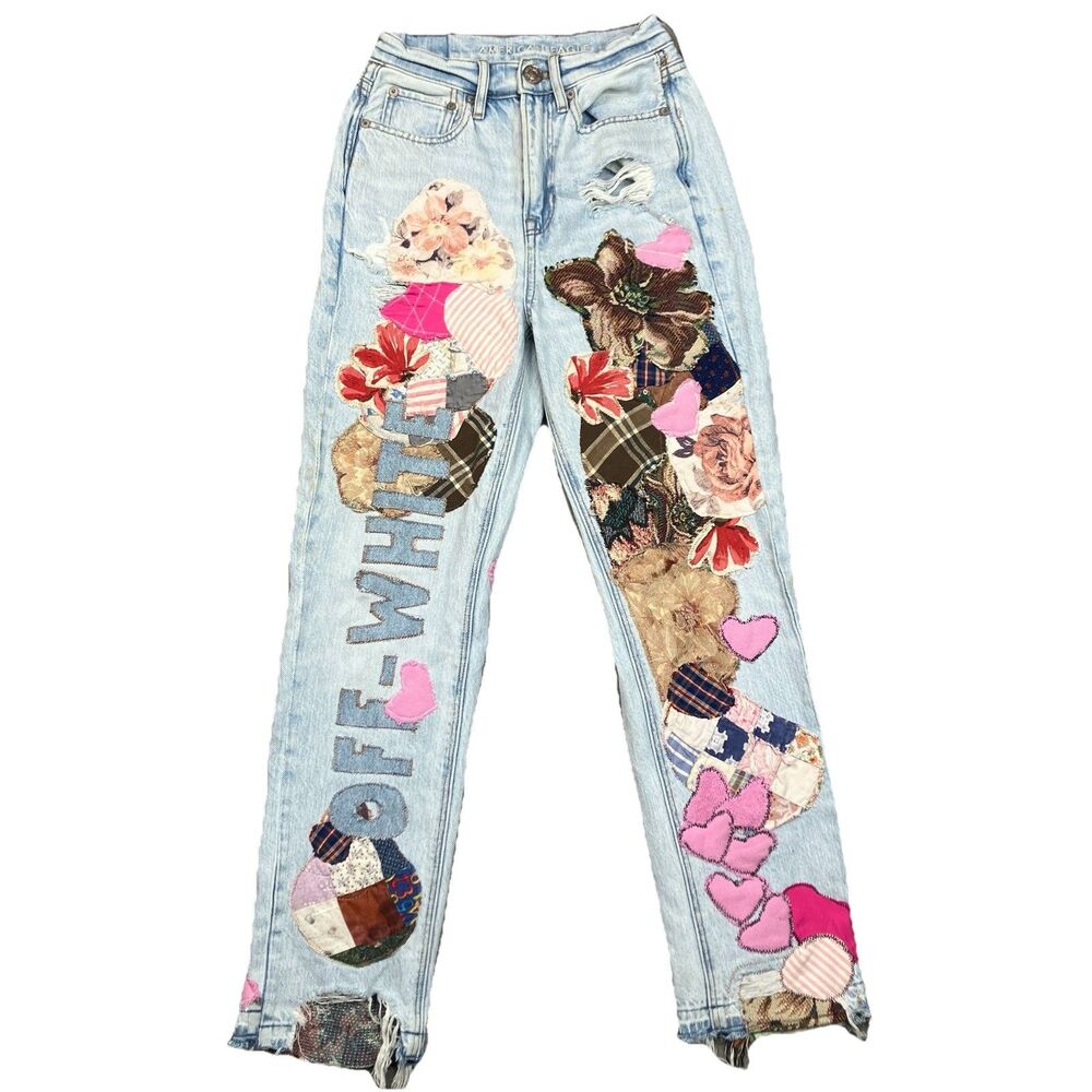 American Eagle Custom Patchwork Jeans Highest Rise 90s Boyfriend Womens 00